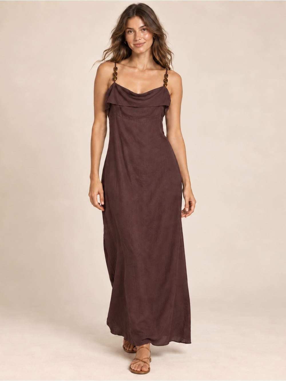 Paper Heart Boho Brown Linen Blend Maxi Dress Size Large Beachy Fall Flowy